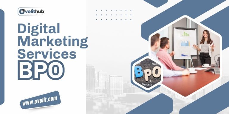 OveliTHub article banner on digital marketing services delivered through BPO, with a photograph of an office team and a BPO badge
