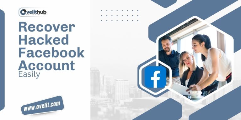 OveliTHub article banner on recovering a hacked Facebook account, with a photograph of a team and the Facebook logo