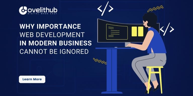 OveliTHub article banner on why web development matters in modern business, with an illustrated developer at a desk and code brackets