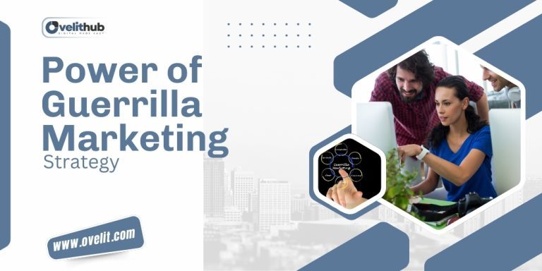OveliTHub article banner on guerrilla marketing strategy, with a photograph of a team in a meeting set in a hexagon frame