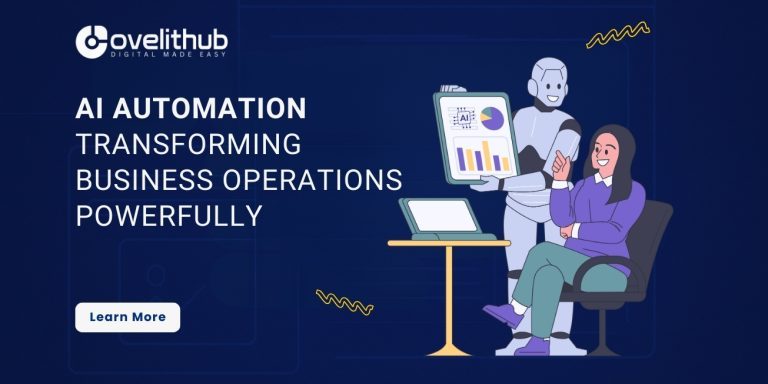 OveliTHub article banner on AI automation transforming business operations, with an illustrated team working across screens