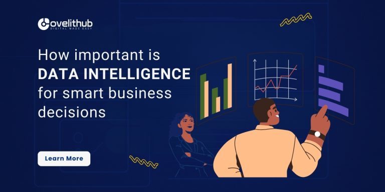 OveliTHub article banner on how important data intelligence is for smart business decisions, with an illustrated analyst beside a bar chart