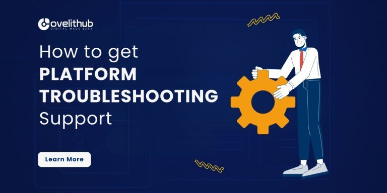 OveliTHub article banner on getting platform troubleshooting support, with an illustrated engineer beside a large gear