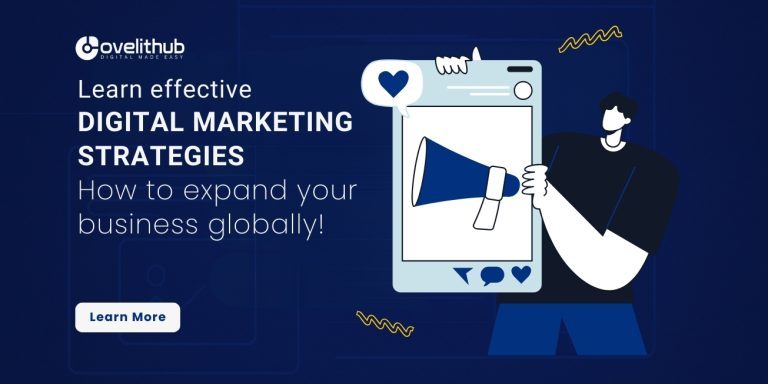 OveliTHub article banner on digital marketing strategies for global expansion, with an illustrated megaphone on a phone screen
