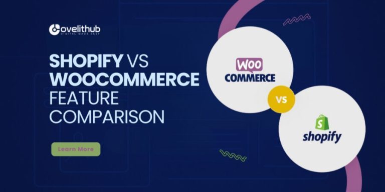 OveliTHub article banner comparing Shopify and WooCommerce, showing both platform logos