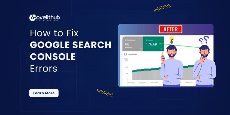 OveliTHub article banner on fixing Google Search Console errors, with two illustrated people reviewing an error report on a board