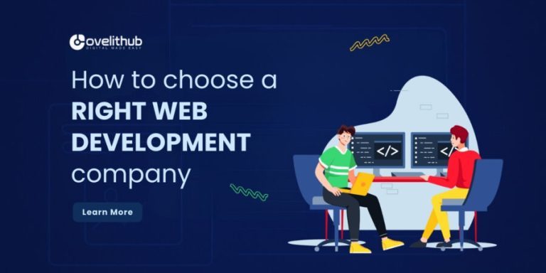 OveliTHub article banner on choosing the right web development company, with an illustrated team reviewing a project on screen