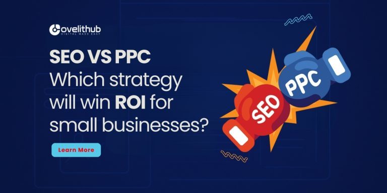 OveliTHub article banner asking whether SEO or PPC wins ROI for small businesses, with the two labels facing off