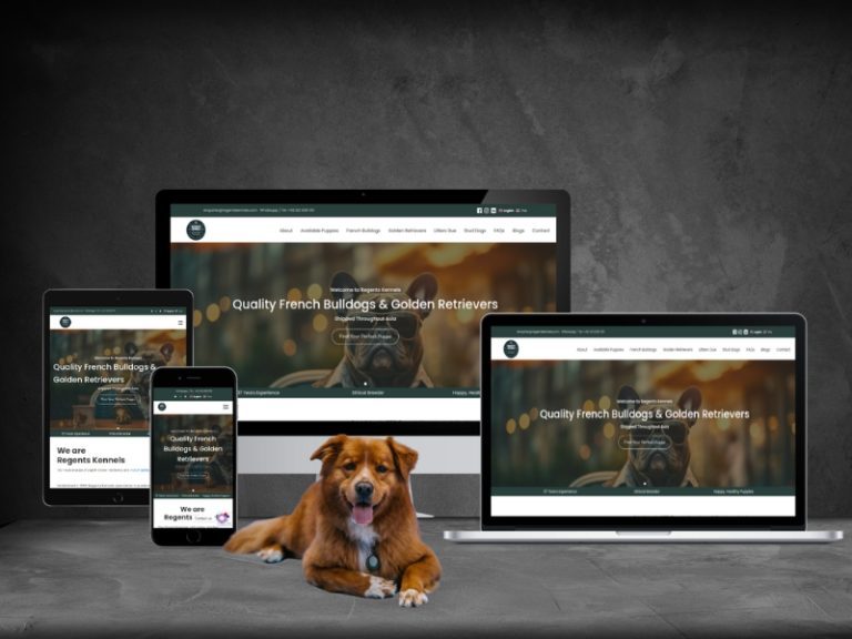 The Regents Kennels website on an iMac, a laptop, a tablet and a phone, with a dachshund photograph on the home page