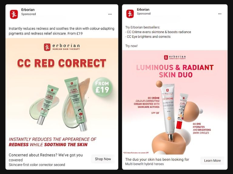 Two Erborian Instagram advertising creatives side by side, one for the CC Red Correct cream and one for a luminous skin duo
