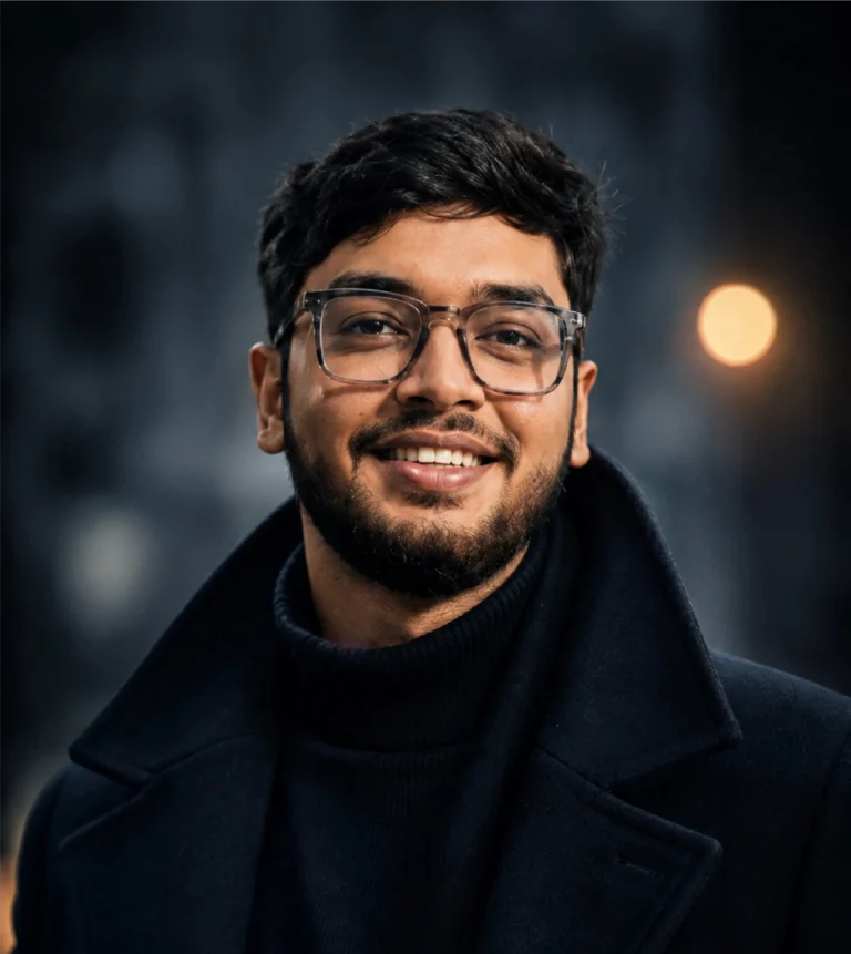Portrait of MD Laden Islam, Founder and CEO of OveliTHub, wearing glasses against a dark background