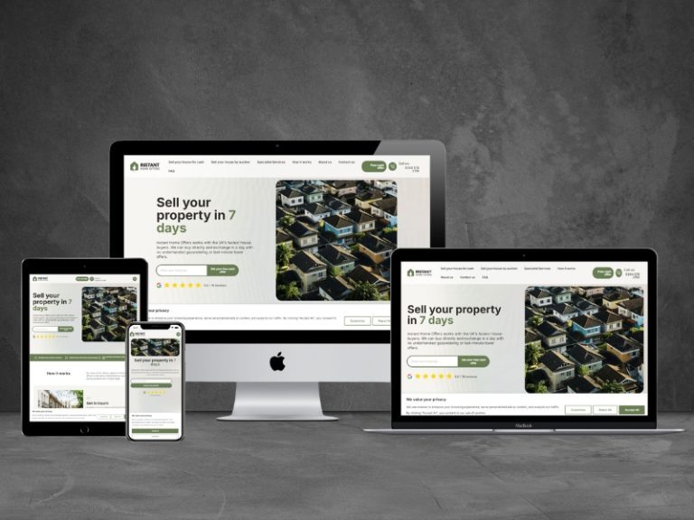 The Instant Home Offers property selling website shown on an iMac and a phone