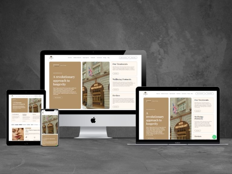 The Maylin Regenerative Medicine clinic website on an iMac and a laptop, in a warm neutral palette