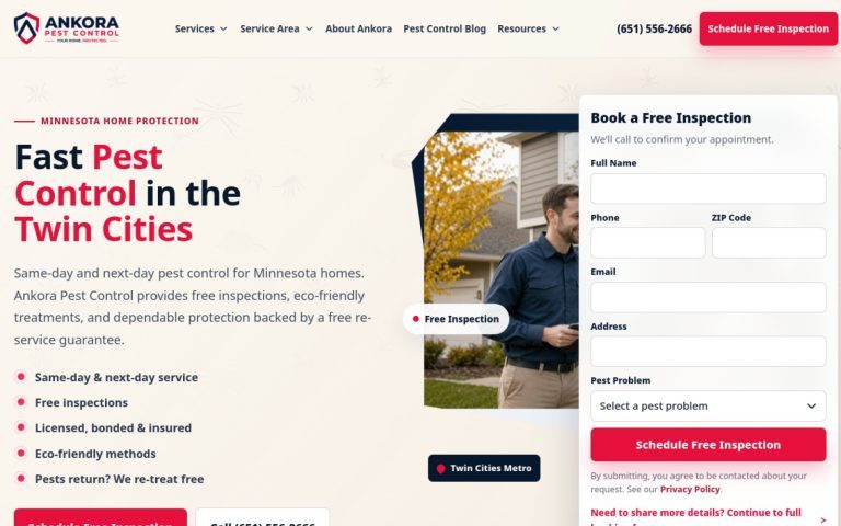 The Ankora Pest Control home page reading Fast Pest Control in the Twin Cities, with a free inspection booking form beside it