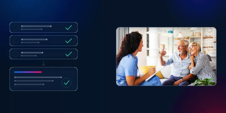 A home care worker taking notes with an older couple at home, beside three checked visit records feeding one submitted claim