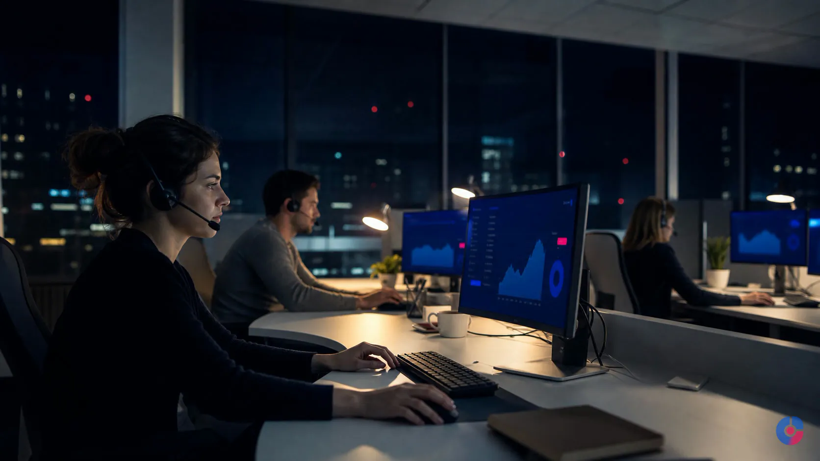 Night shift customer support team handling global queries from a quiet modern office