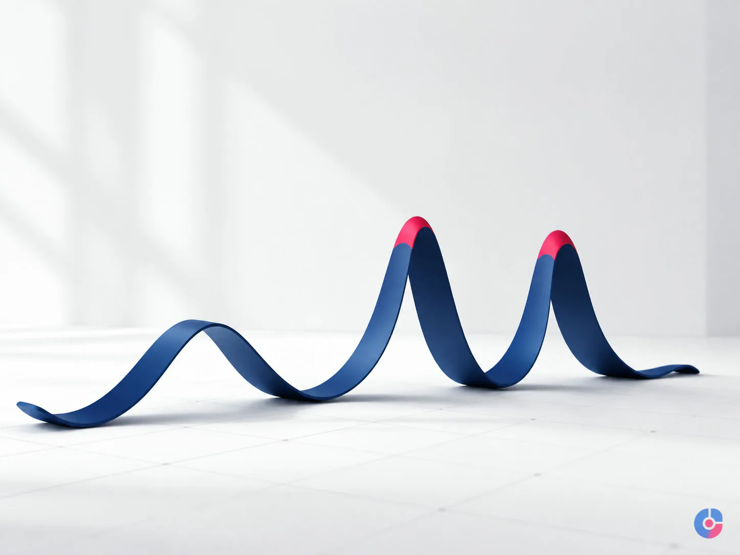 Abstract ribbon rising into peaks representing admin workload spikes across an academic year