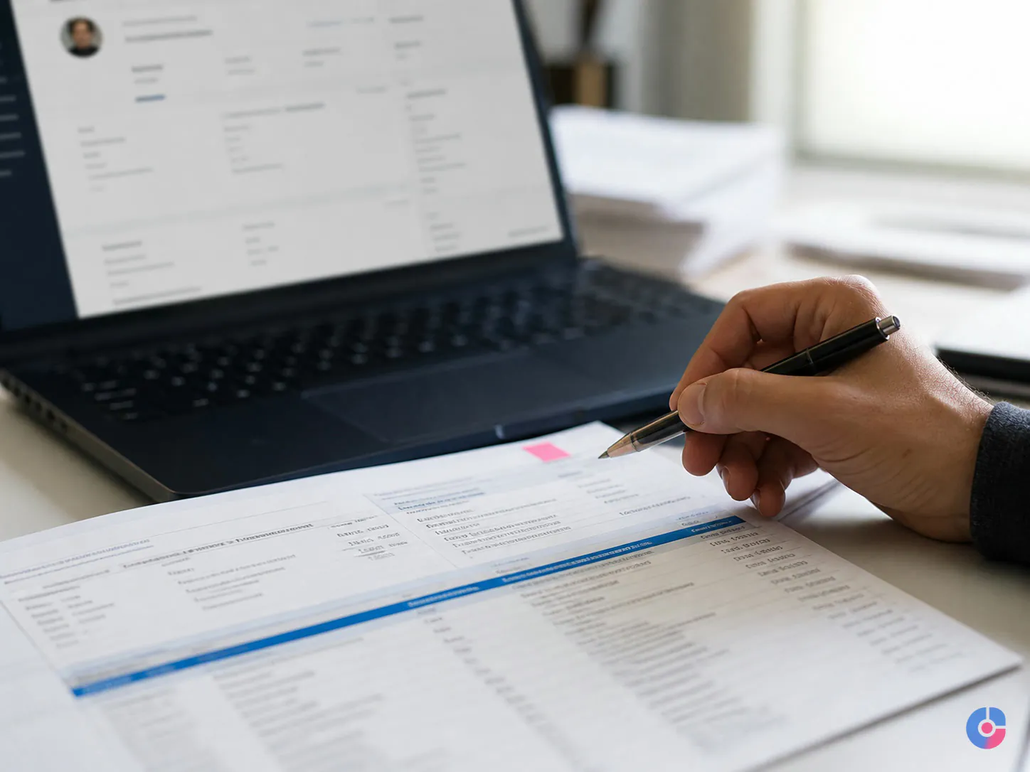 Researcher verifying a contact record against a printed account research sheet