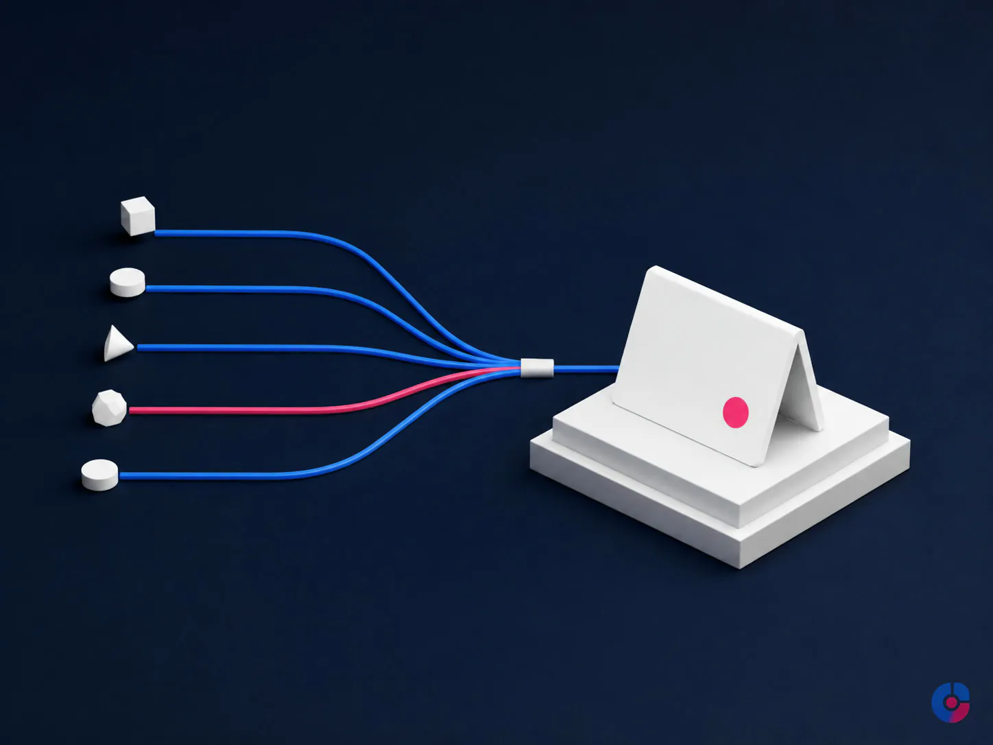 Isometric concept showing research signals condensed into a single account brief