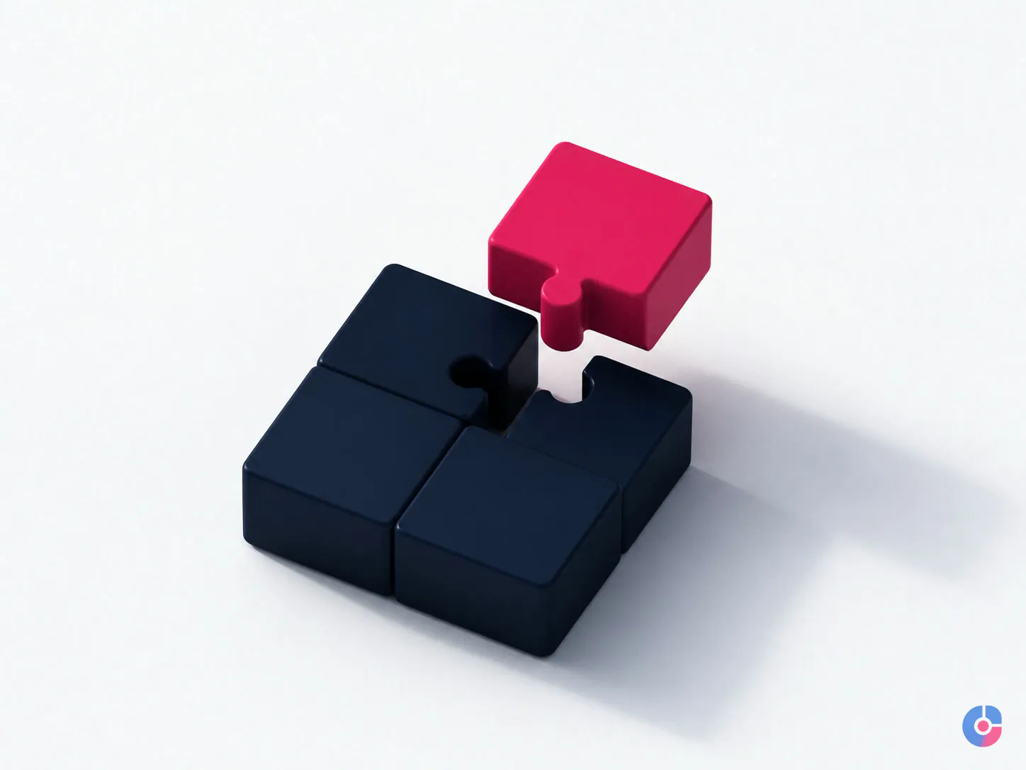 Isometric render of four accountability elements with one missing piece destabilising the structure
