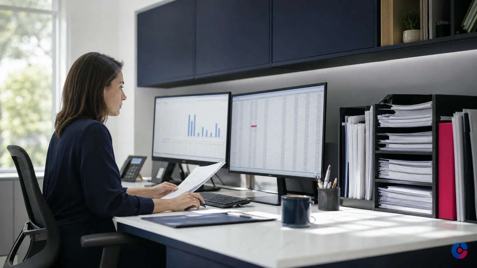 Bookkeeper reviewing ledger screens as part of accounting back office support