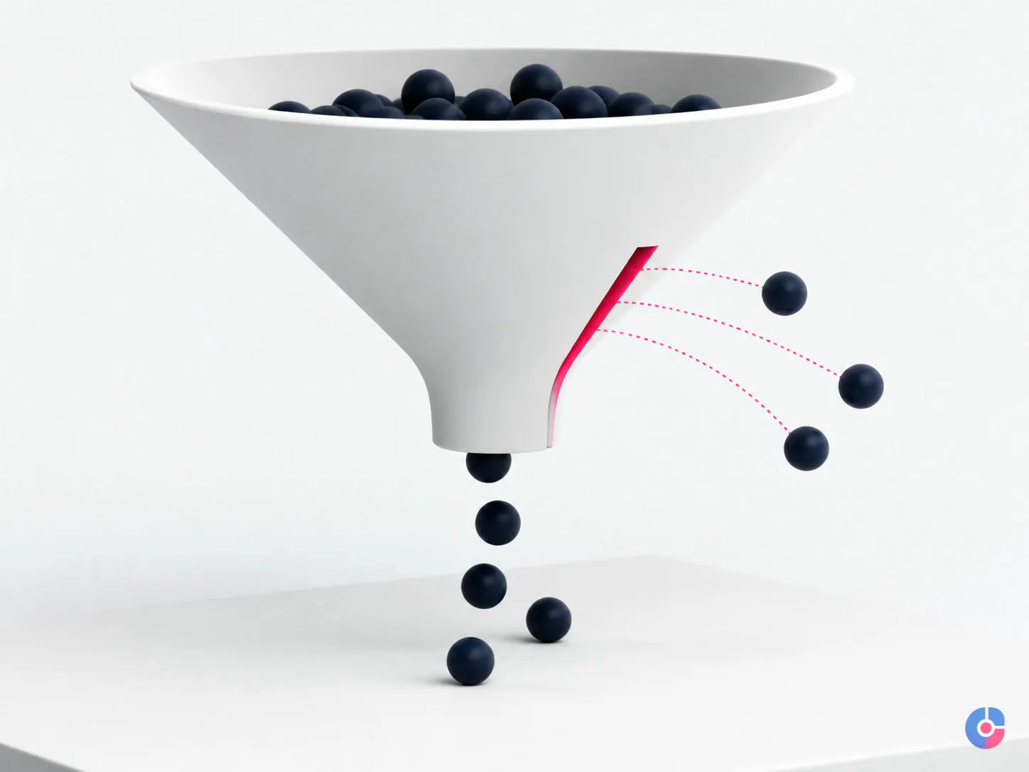 Abstract funnel showing enquiries escaping through a gap in the follow-up process
