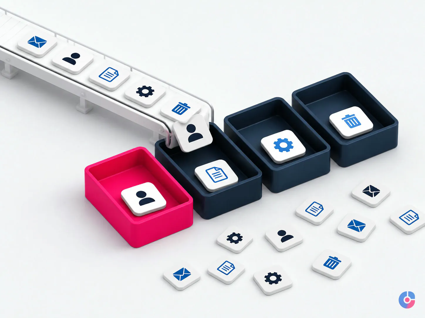 Isometric concept of admin tasks sorted into delegate document automate and delete trays