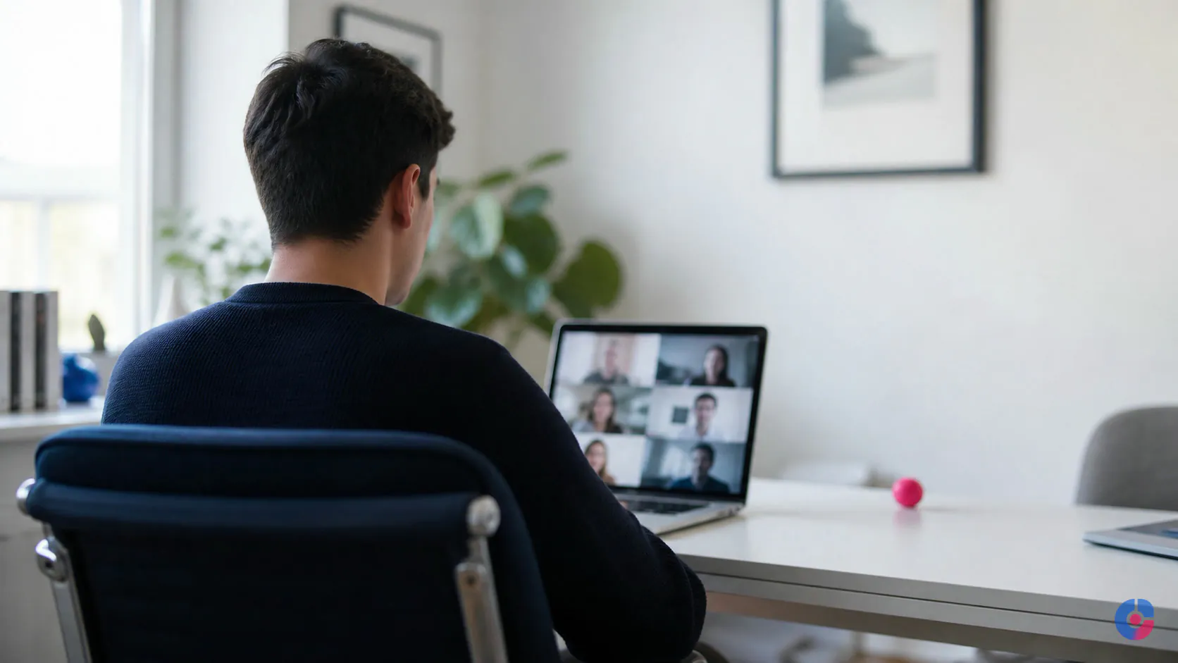 Remote team member on a video call supported by centralised administrative services