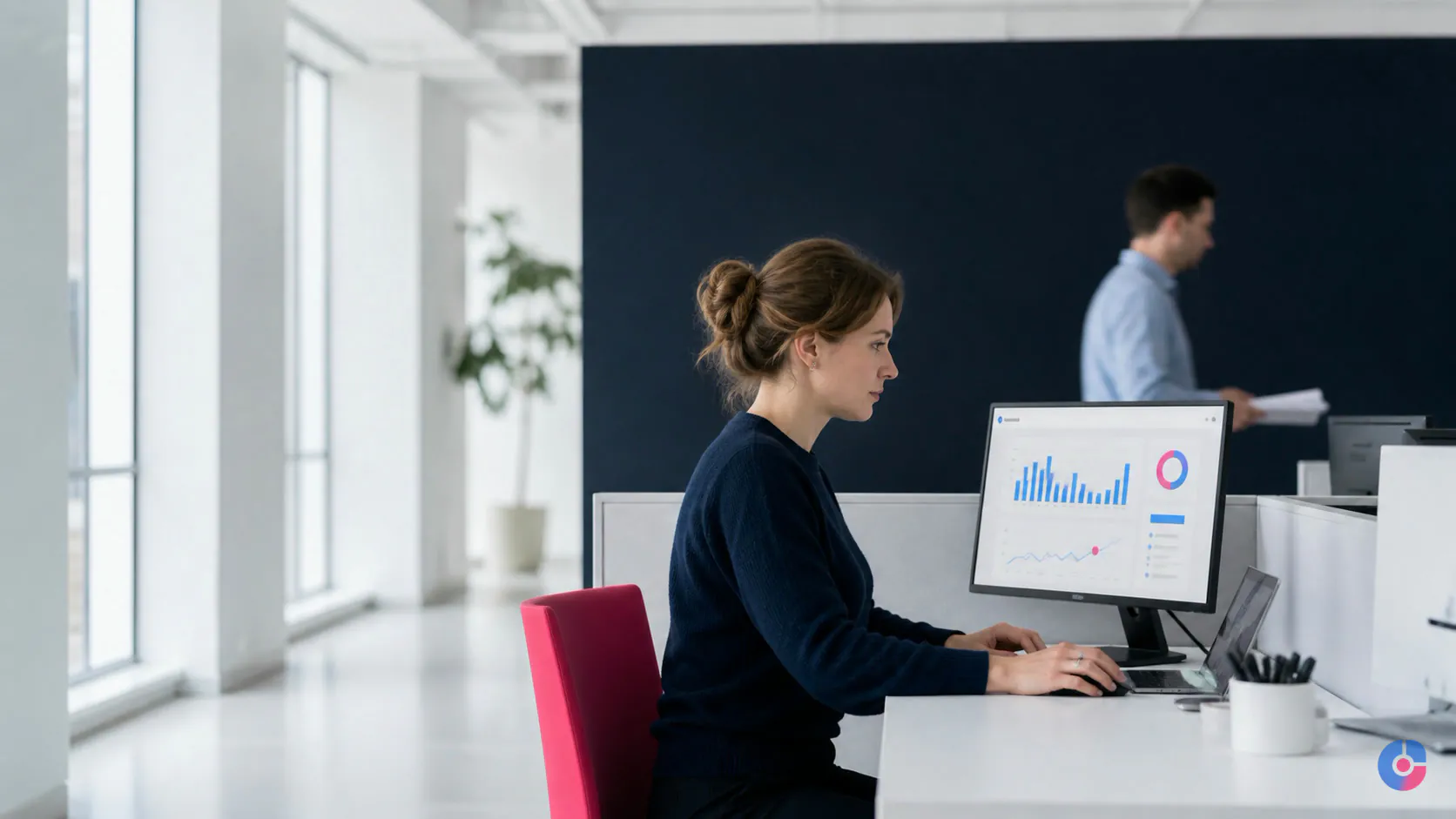 Administrator working through daily tasks in a bright shared office workspace