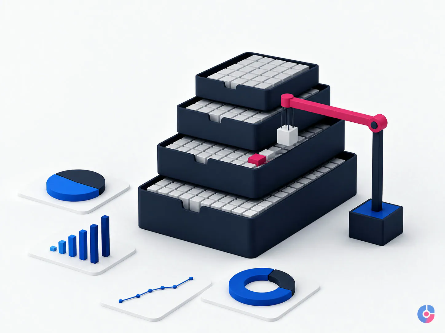 Isometric concept of aged claim buckets with items being triaged from the ninety day tray
