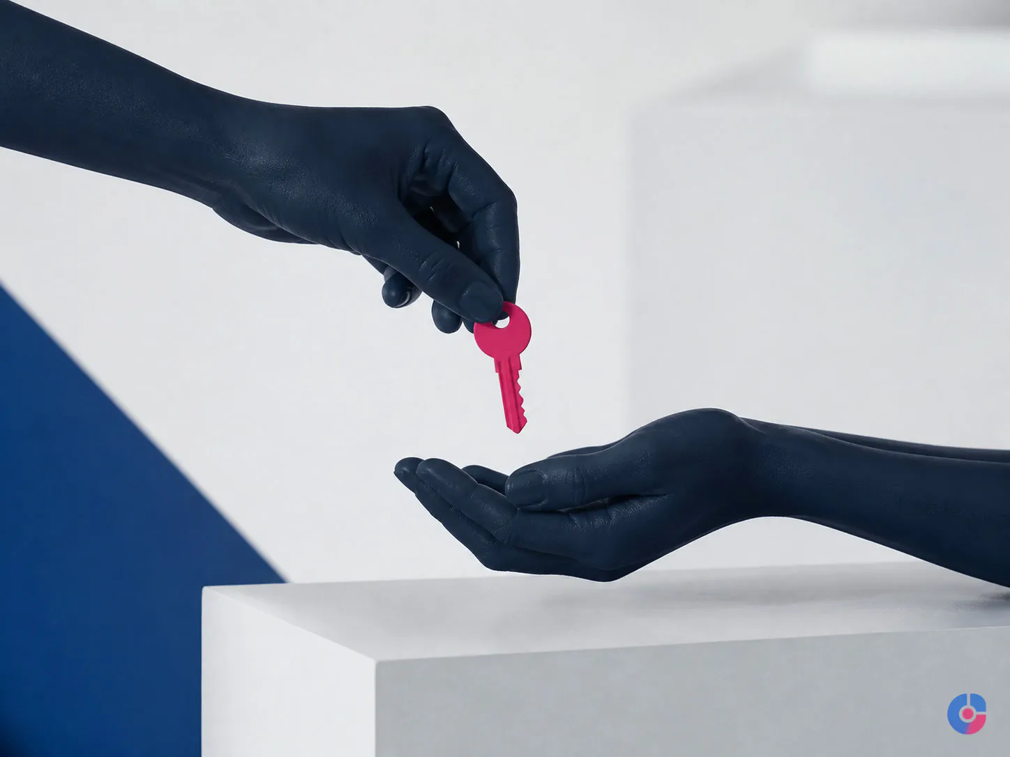 Sculptural hands passing a key representing partner access to a business page