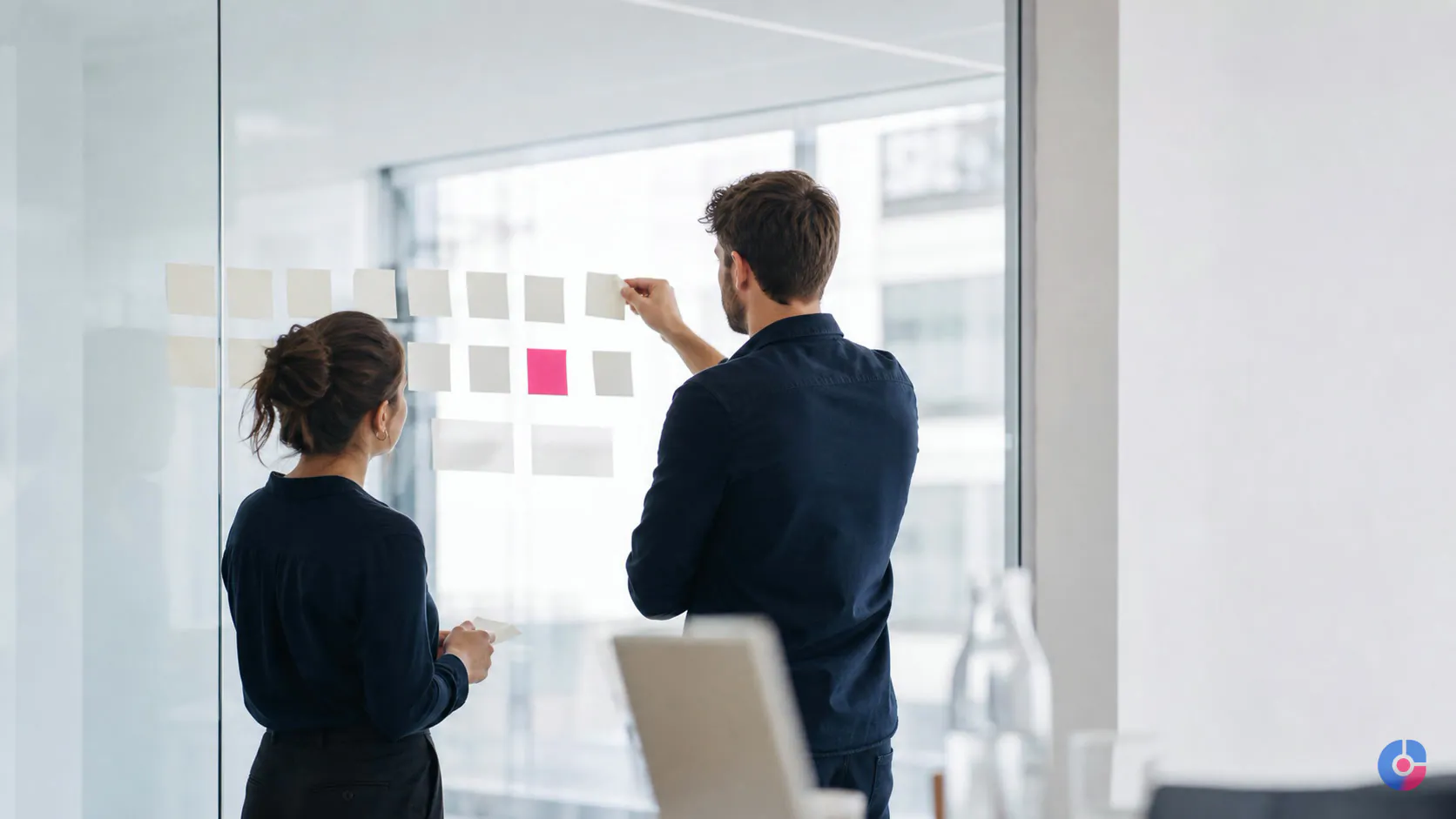 Operations colleagues mapping a workflow on a glass wall before automating business processes