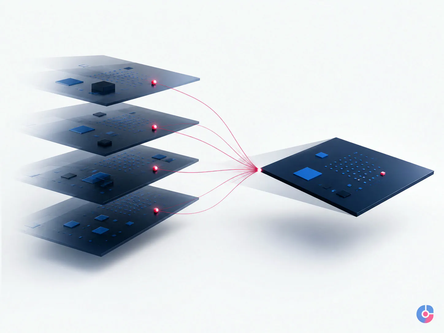 Abstract layered concept showing multiple data sources resolving into a single analytics view