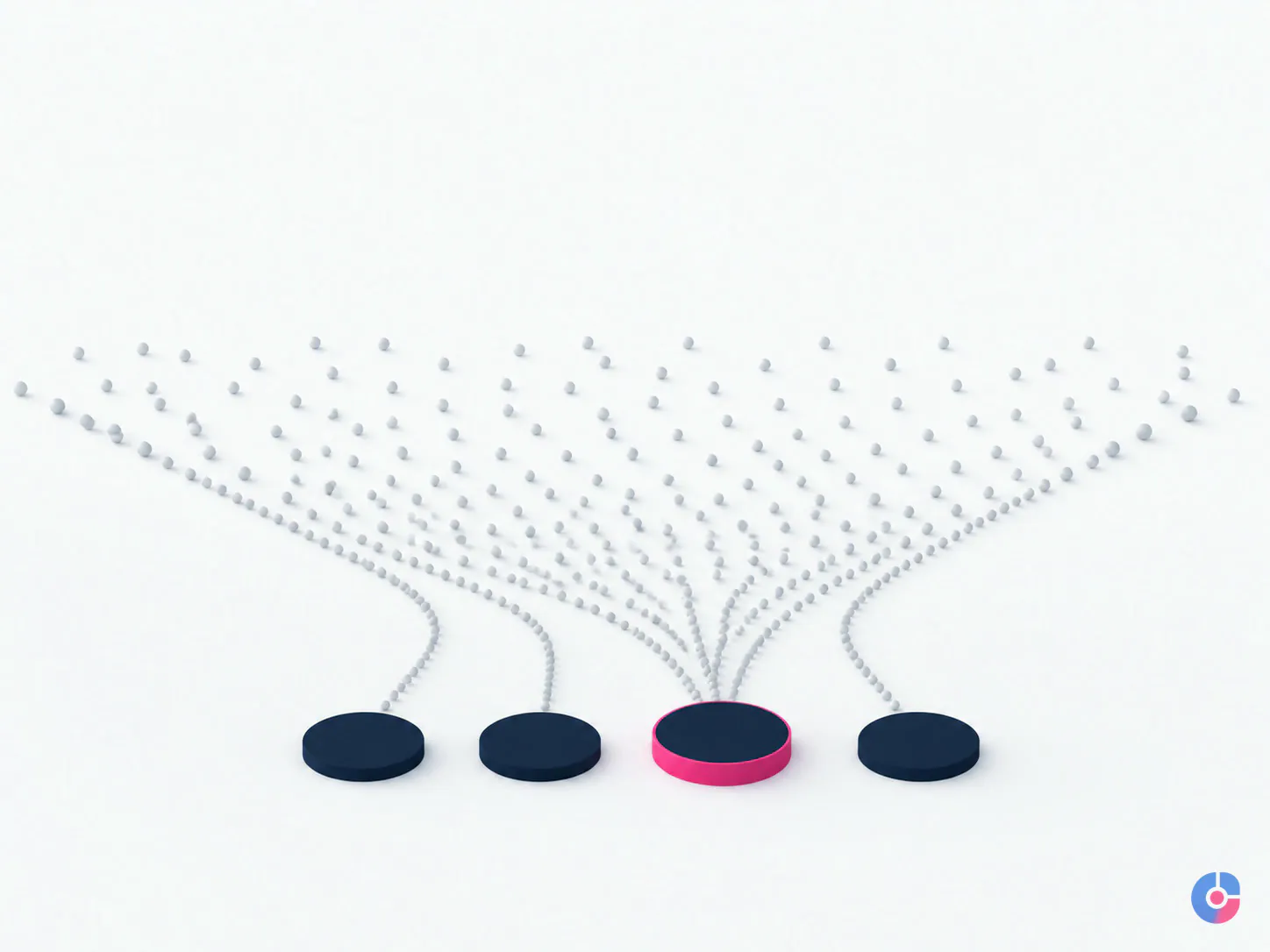 Abstract render of many raw data points reduced to four meaningful tracked events