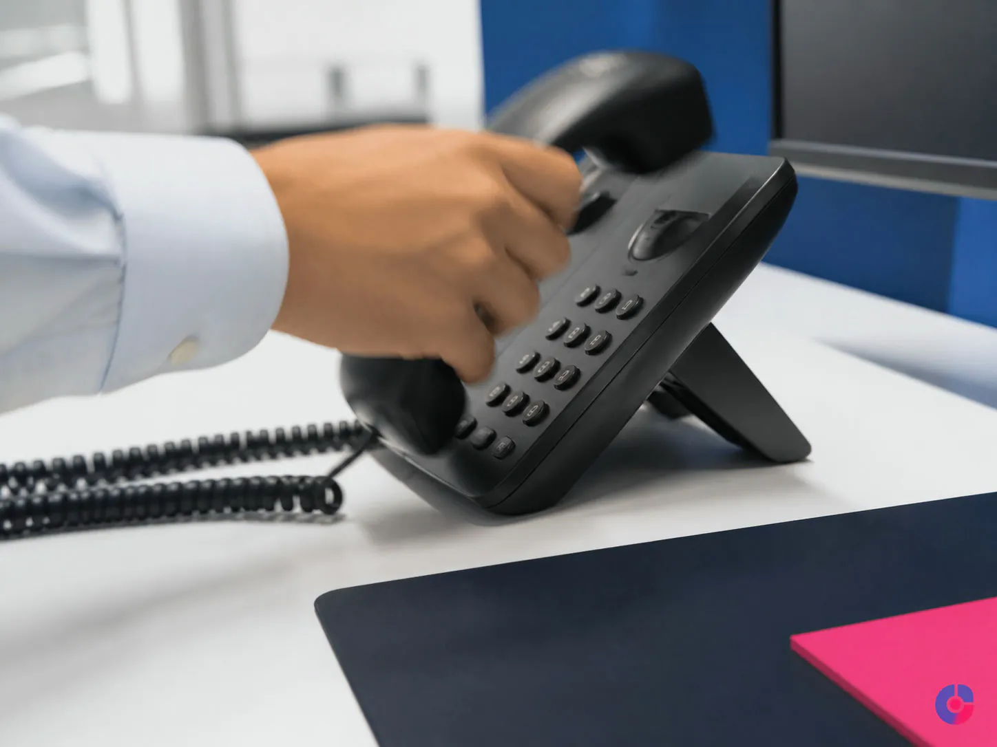 Hand lifting a desk telephone handset to answer an incoming customer call