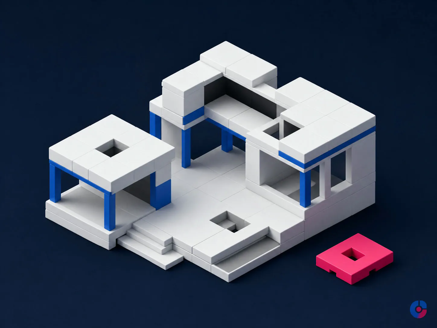 Isometric concept of an app build with missing foundational pieces