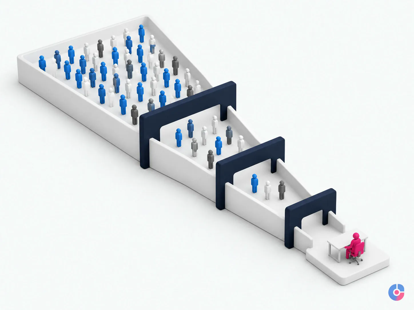 Isometric hiring funnel narrowing candidates down to one appointment setter seat