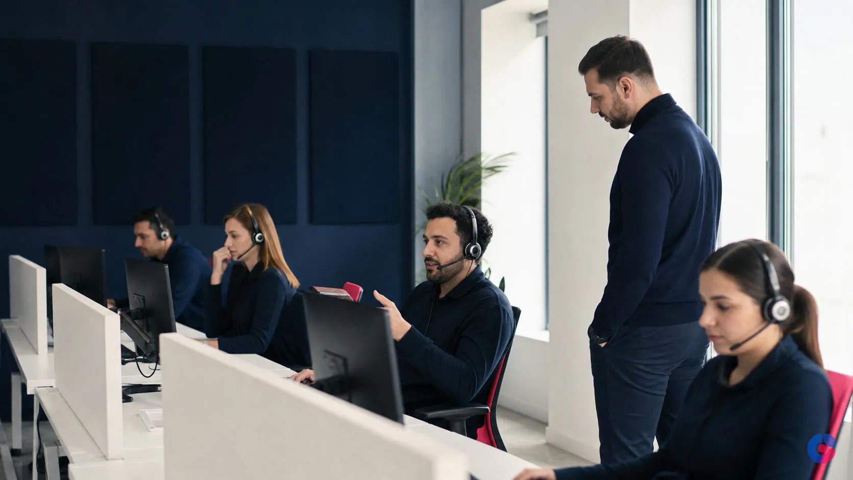 Appointment setters on headsets working a calling floor with a supervisor listening in