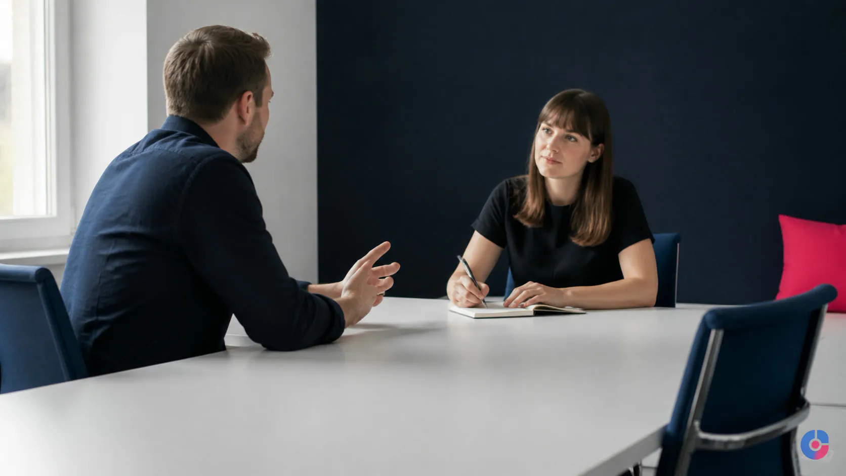 Two professionals holding a booked sales meeting in a bright meeting room