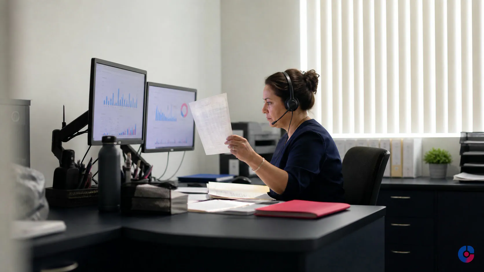 Medical billing specialist working accounts receivable follow-up at a clinic back office desk