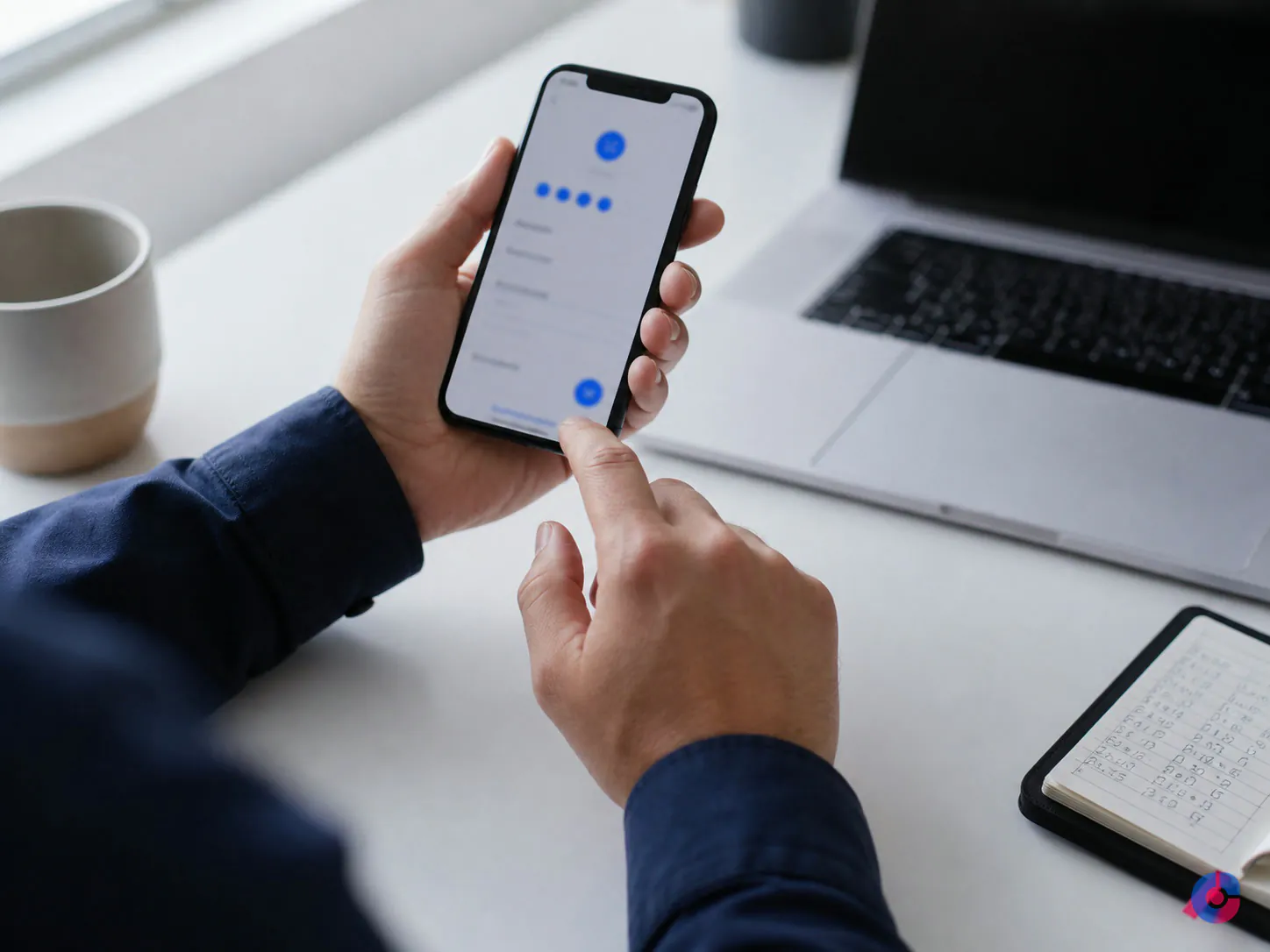 Hands setting up an authenticator app to secure a recovered Facebook account