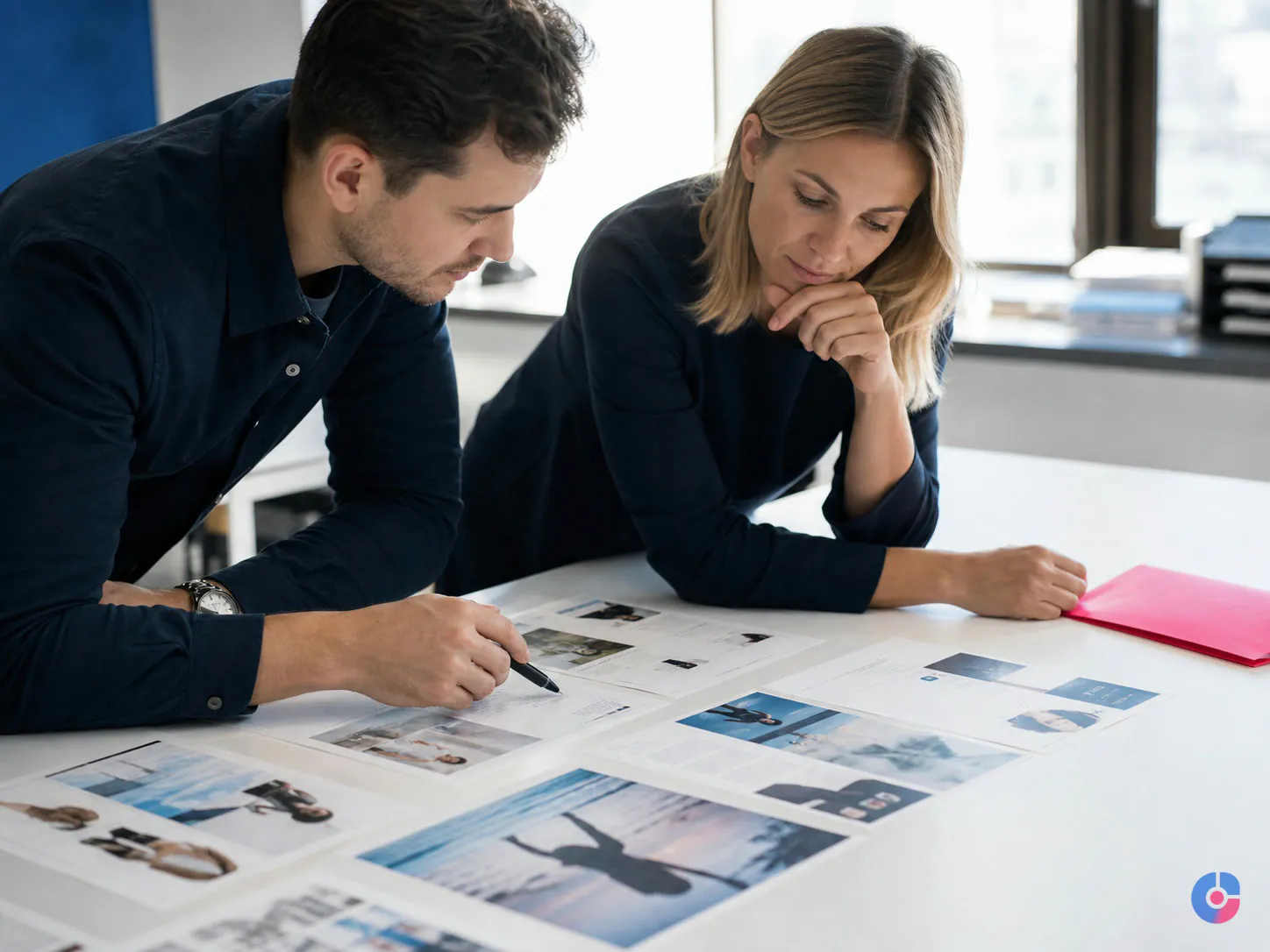 Marketers editing printed B2B LinkedIn post drafts together at a bright table