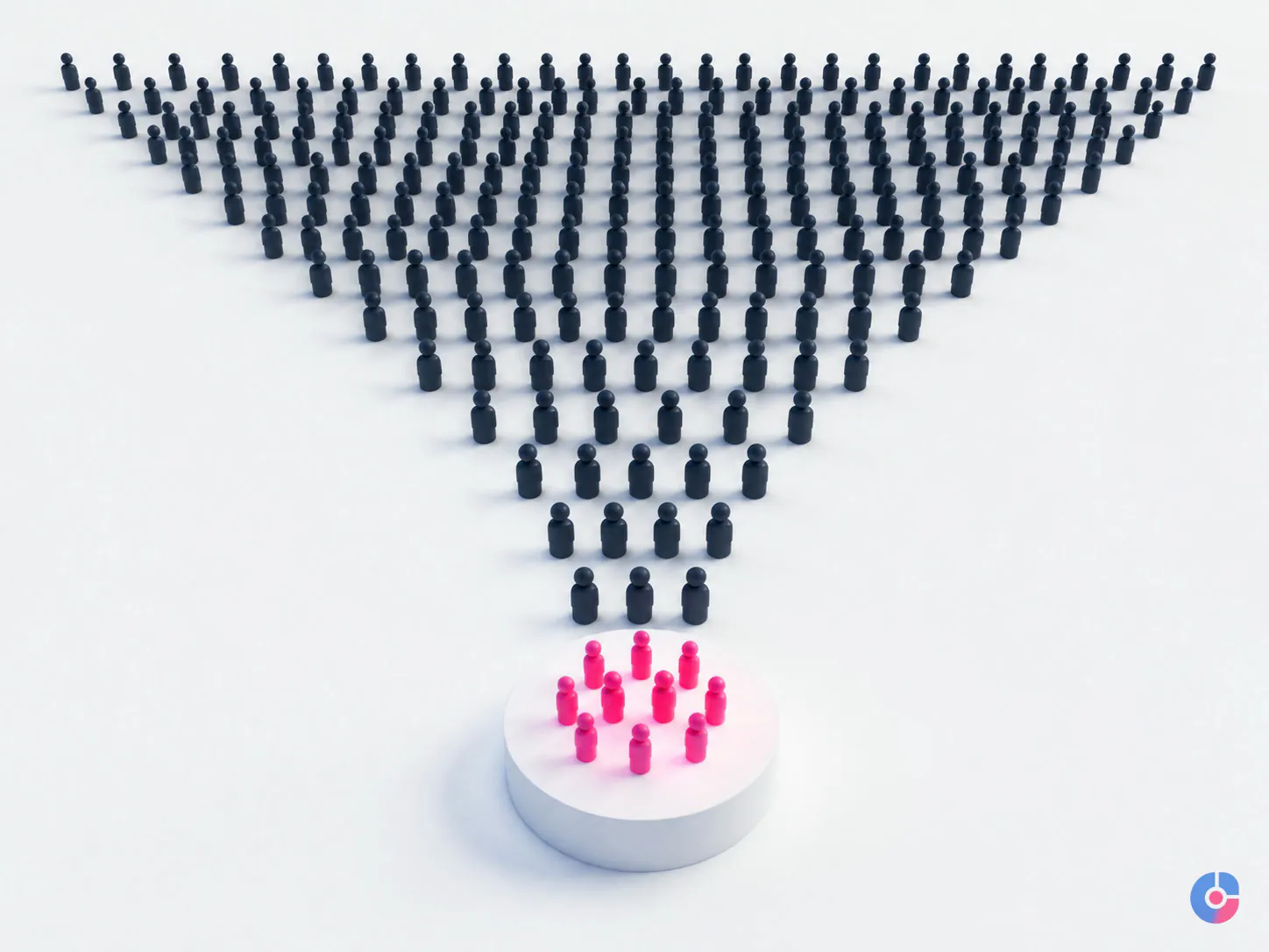 Abstract figures showing a narrow buyer audience picked out of a wide LinkedIn feed