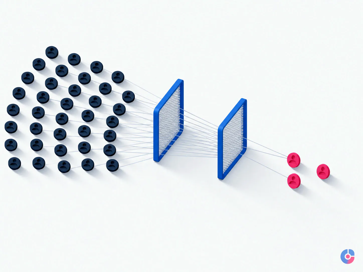 Isometric illustration of B2B prospects filtering down to qualified sales conversations