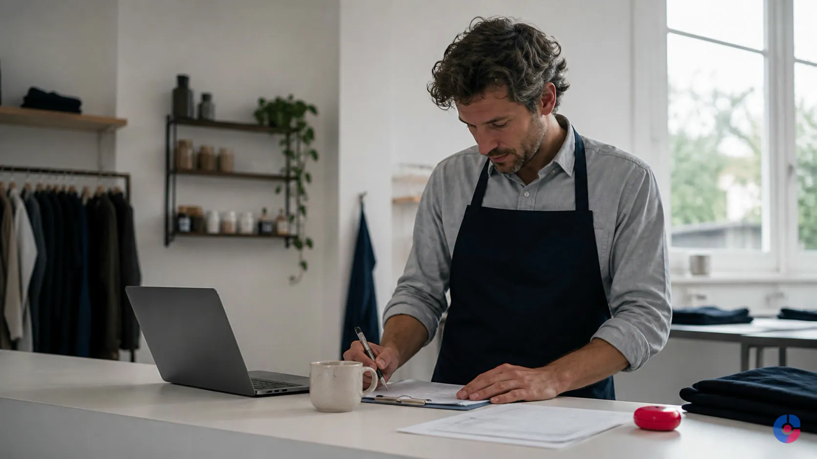 Small business owner handling back office admin at a workshop counter after hours