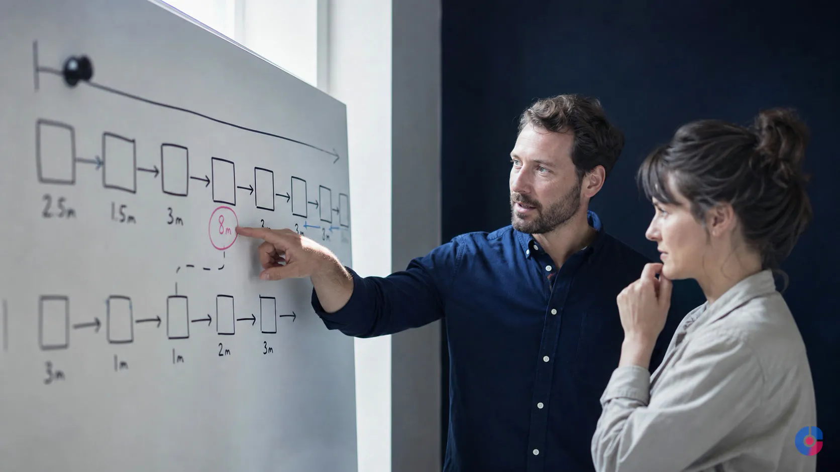 Operations team mapping a back office process and marking a bottleneck on a whiteboard