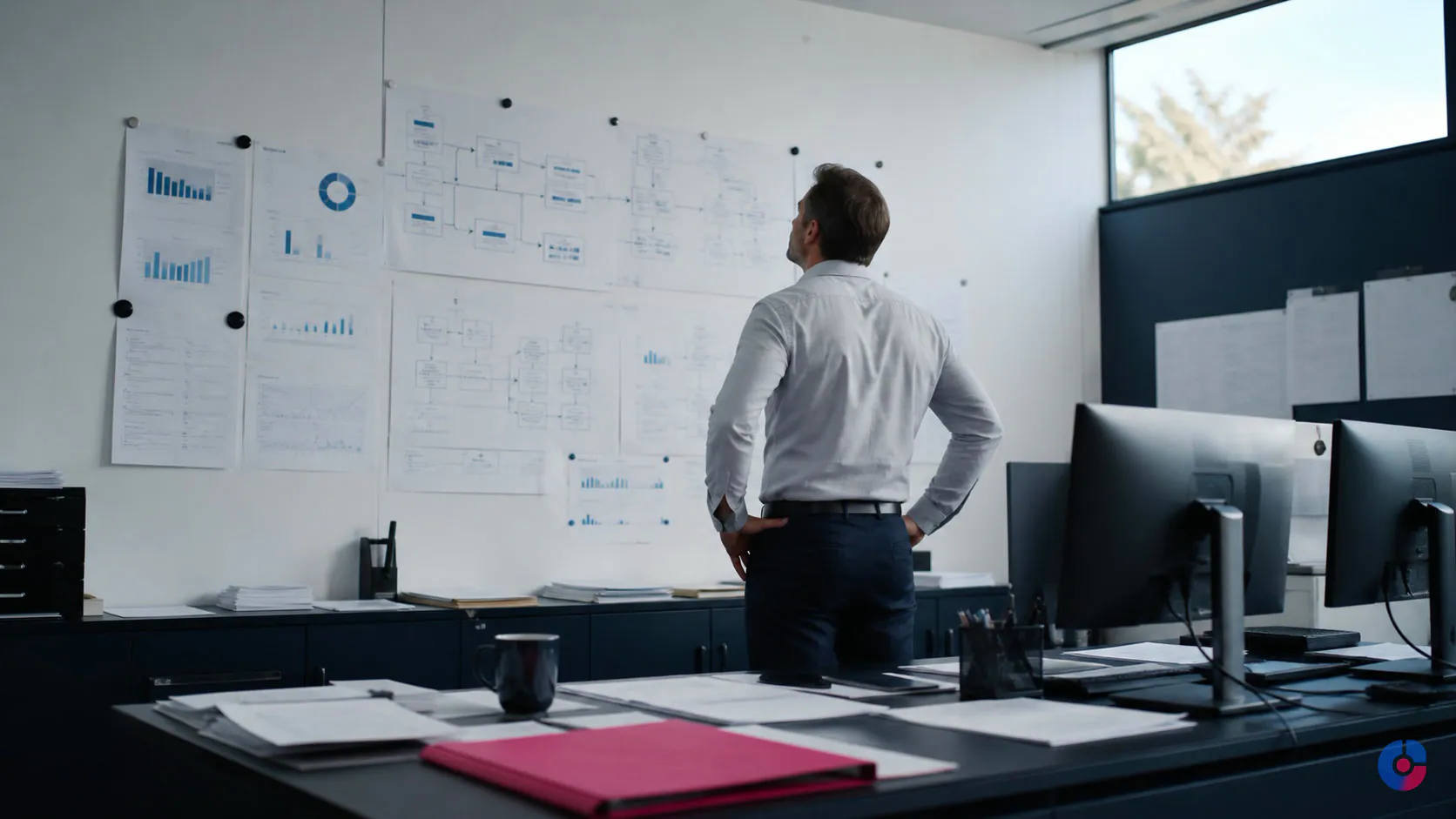 Operations manager reviewing a process diagram while back-office workload builds up