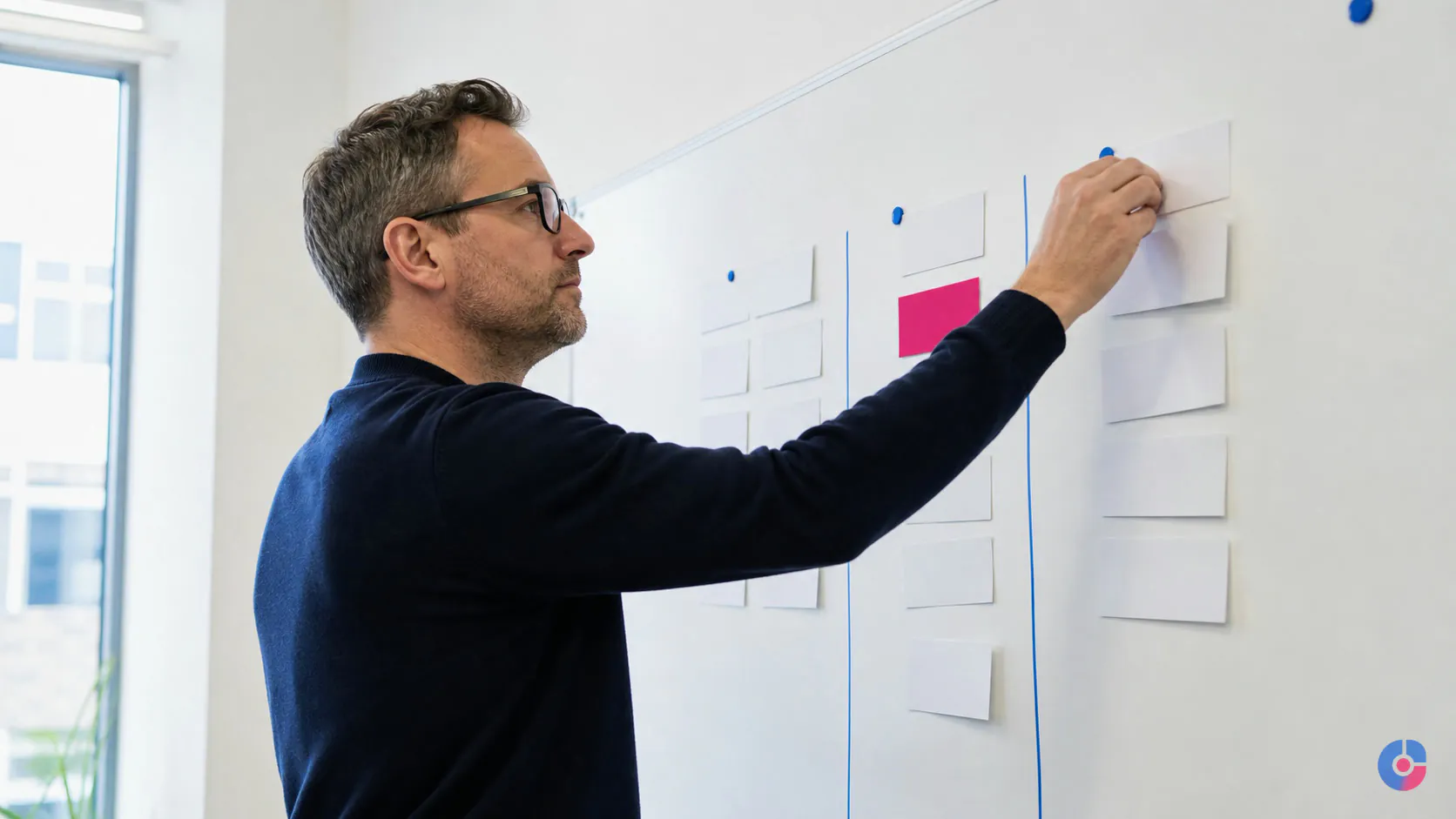 Operations manager sorting back office tasks into outsourcing tiers on a whiteboard