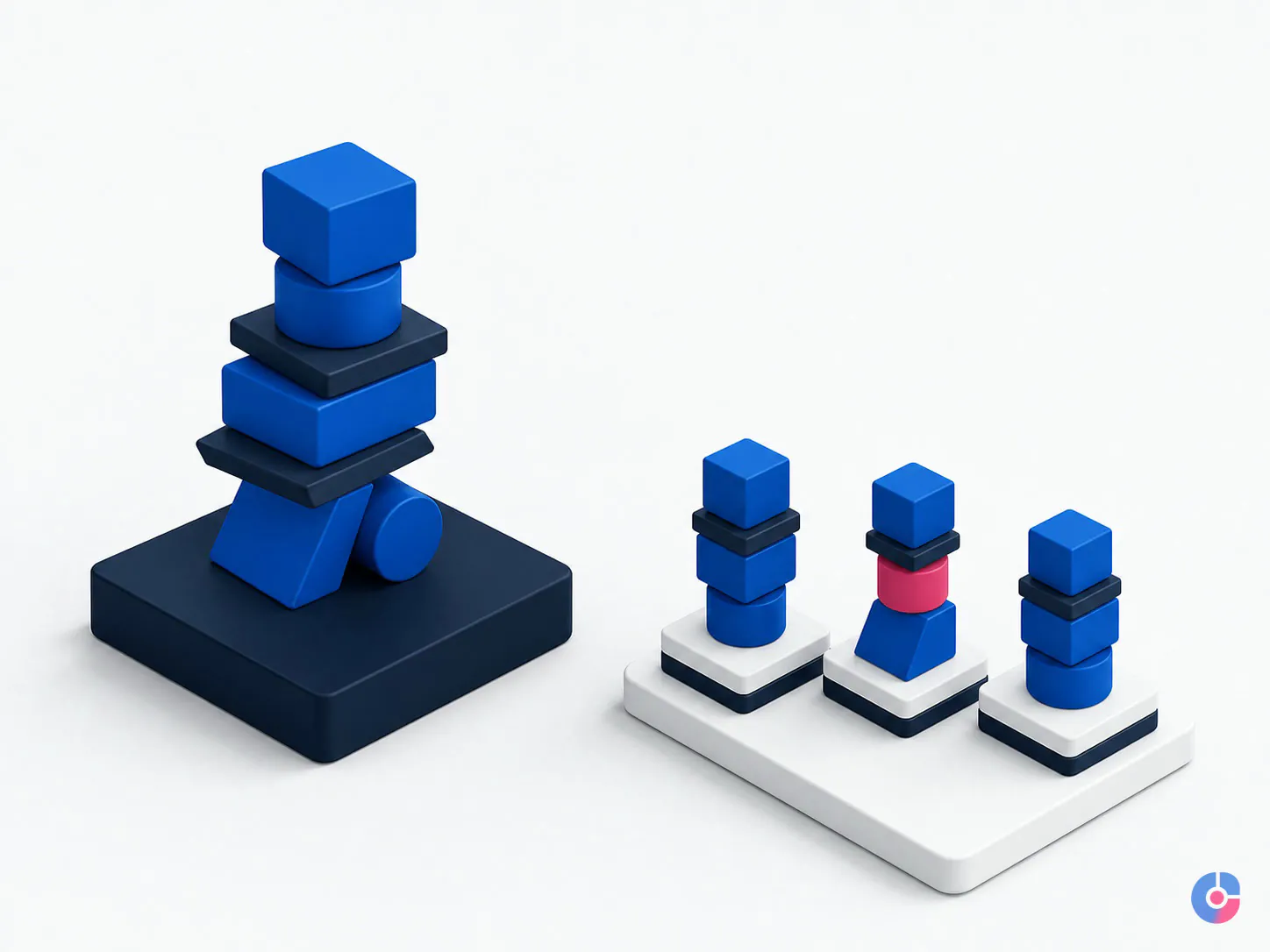 Isometric render comparing an overloaded owner with work distributed across a support team