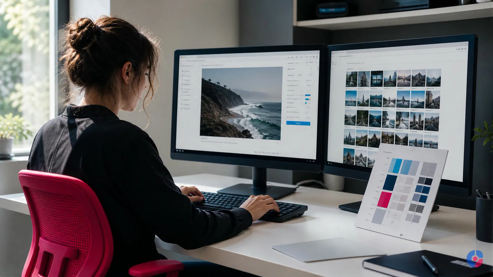 Content editor finalising a blog post at a two screen publishing workstation